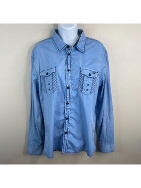 Roar Signature Shirt Large Blue Embroidered Distressed Button Up Urban Cowboy